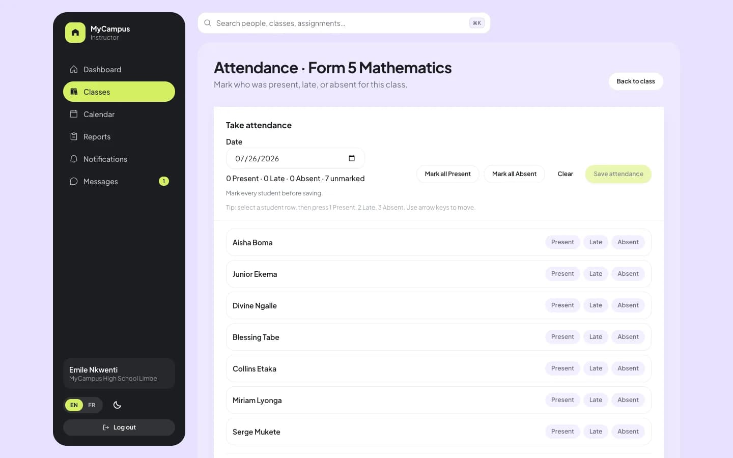 MyCampus attendance screen with student Present Late Absent controls