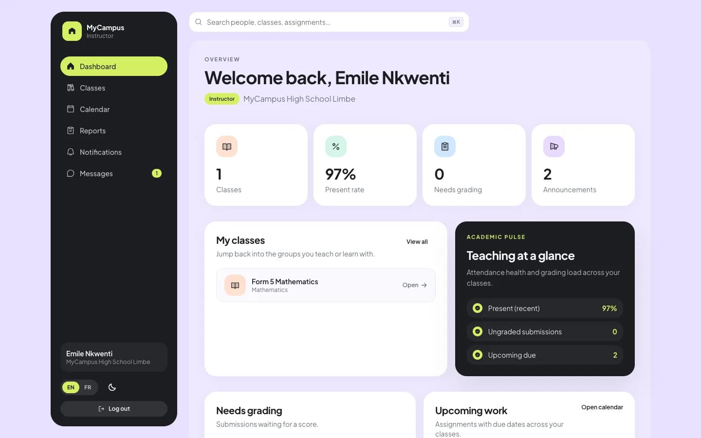 MyCampus instructor dashboard with stats, classes, and recent activity