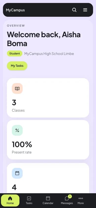 MyCampus mobile student dashboard with bottom navigation bar