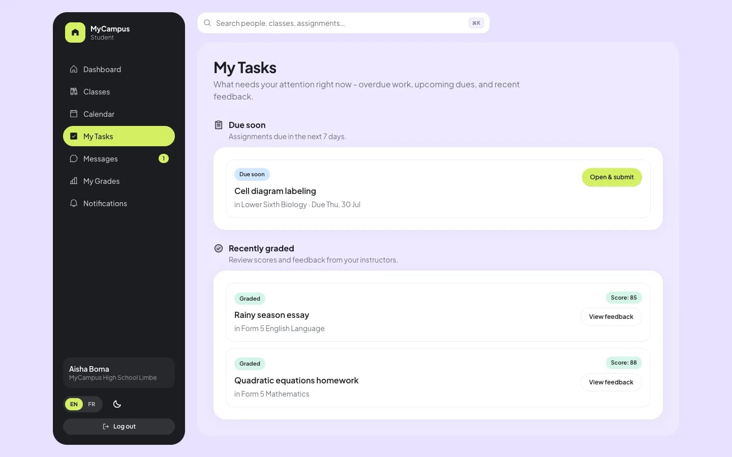 MyCampus My Tasks page for a student with due soon and graded items